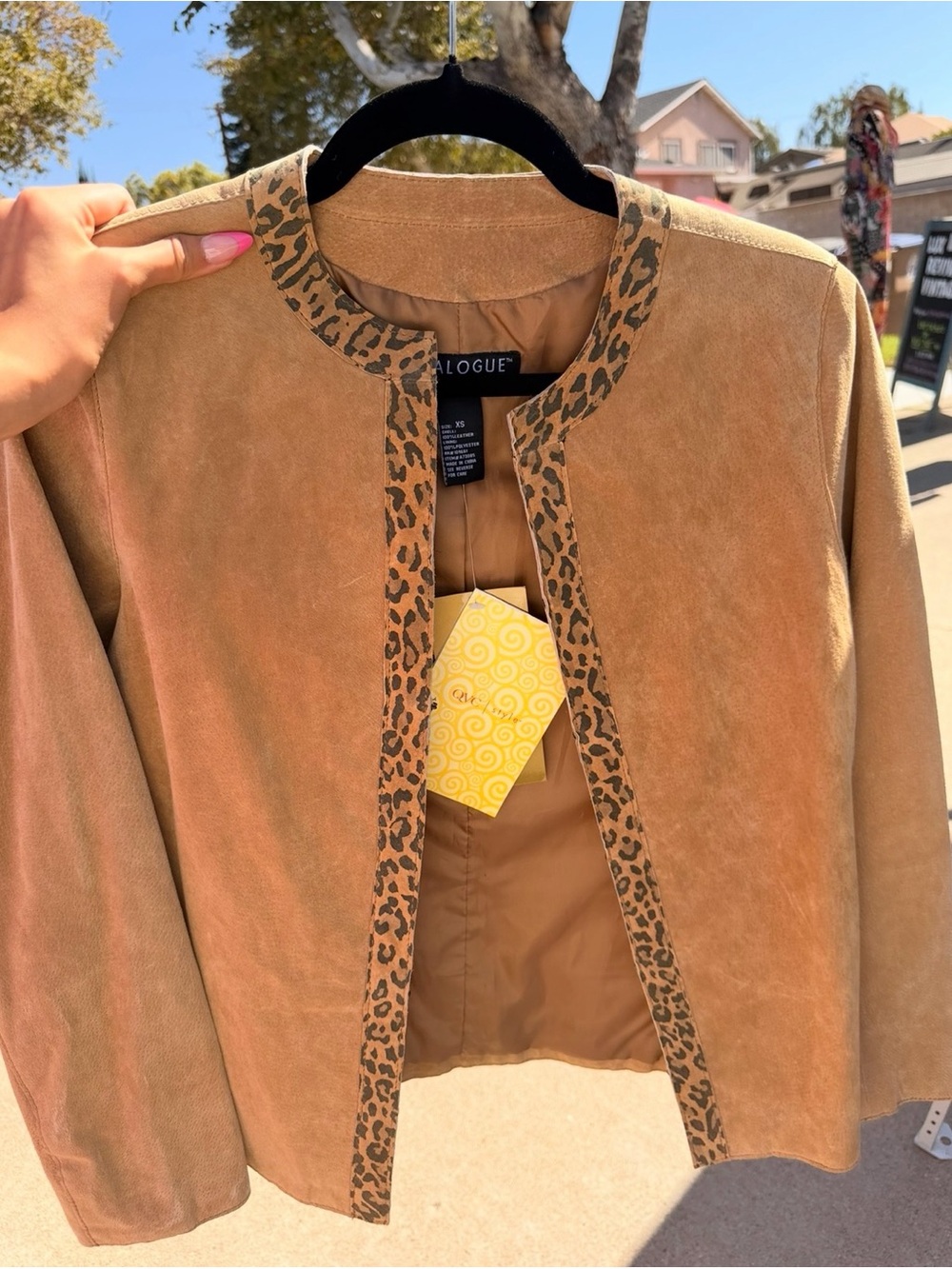 Dialogue Taupe Suede Jacket with Leopard-Trim